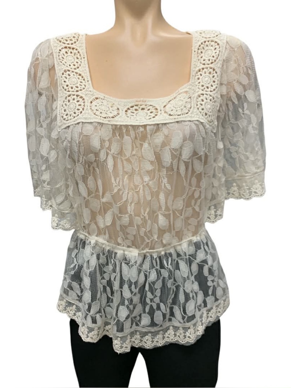 Cynthia Rowley Cream Lace Peplum Square Neck Blouse Size S